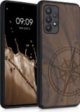 kwmobile telefoonhoesje geschikt voor Samsung Galaxy A52 / A52 5G / A52s 5G - Hoesje met bumper - hout - In donkerbruin Vintage Kompas design