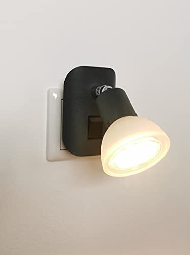 Trango 11-045 LED stekkerlicht in antraciet mat met lampenkap van glas, stekker nachtlampje incl. 1x GU10 LED-lamp 3000K warm wit & aan-/uit-schakelaar leeslamp, keukenlamp