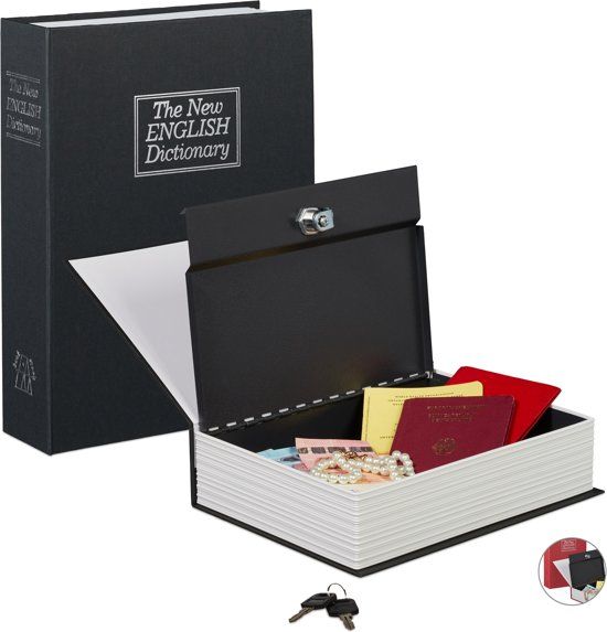 Relaxdays boekkluis groot boek kluis afsluitbaar 2 sleutels geldkist booksafe ZWART