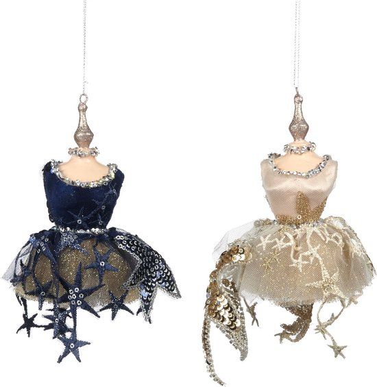 Goodwill M&G Kerstornament - mannequin - set van 2 - blauw goud - 12.5cm