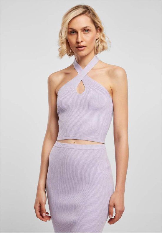 Urban Classics Rib Knit Crossed Neckholder Crop Top - Pastelpaars - XL