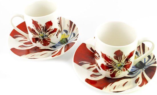 Lanzfeld (museumwebshop.com) Espresso Set Tulpen Rijksmuseum - 2 kopjes en schoteltjes - Rood/Wit - Porselein