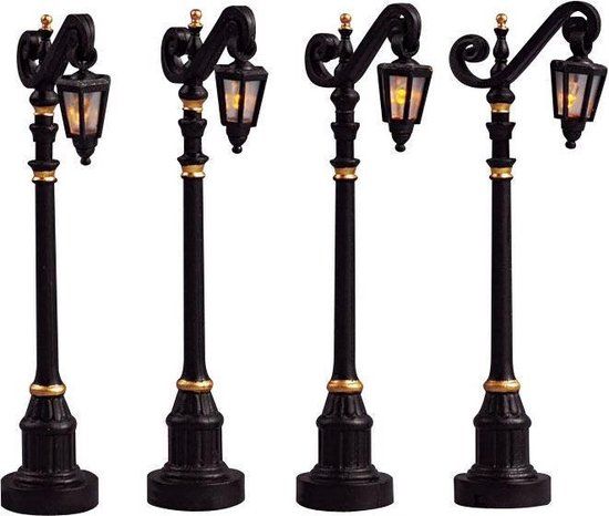 Lemax - 'Colonial Street Lamp' - Set van 4 stuks - Verlicht accessoire - Exclusief adapter (werkt ook op batterijen)