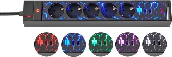 Brennenstuhl Gaming stekkerdoos met 5 contacten, 2x USB-A en LED-verlichting / zwart - 1,5 meter