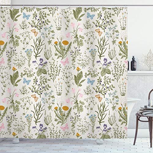ABAKUHAUS Bloemen Douchegordijn, Vintage Garden Plants, 175x200cm, Reseda Groen Beige