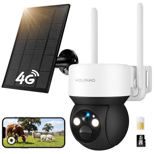 WOLFANG 4G WiFi-beveiligingscamera, zonne-energie, 2.5K HD, nachtzicht, schijnwerper, 2-weg audio, PIR-beweging, 32 GB SD-kaart