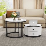 MODFU Set van 2 Salontafels, rond, 60x60x45.5 cm + 50x50x32 cm, MDF met hoogglans marmeroptiek, wit/zwart