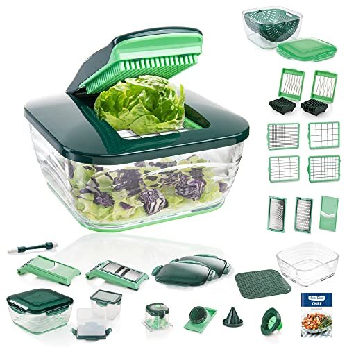 Genius Nicer Dicer Chef Deluxe XXL 37-delig met glazen kom set, tomaten-groentesnijder en 3-in-1 zeefkom, hakmolen uiensnijder, frietsnijder, groen