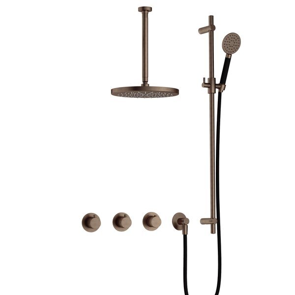 hotbath Cobber Inbouw Doucheset thermostatisch met 2 stopkranen met Ronde handdouche Plafondbuis 30cm Hoofddouche 30cm Rond en Glijstang Verouderd Messing IBS70AB1357