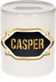 Bellatio Decorations Shoppartners Bv Spaarpot met voornaam Casper - wit - met goud/zwart embleem - 8 x 9 cm - keramiek - met afsluitdop - cadeau verjaardag