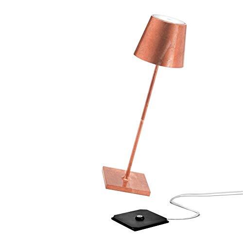 Zafferano Poldina Pro - Dimmable Draadloze LED Tafellamp, Bladafwerking, IP54 Bescherming, Binnengebruik, Contact Laadbasis, H38cm, EU Plug - Koperblad