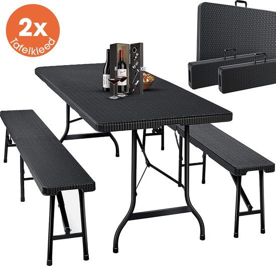 Lenx Klaptafel Set - 180x75cm - Opvouwbaar - Zwart - Incl. 2 Tafelkleden