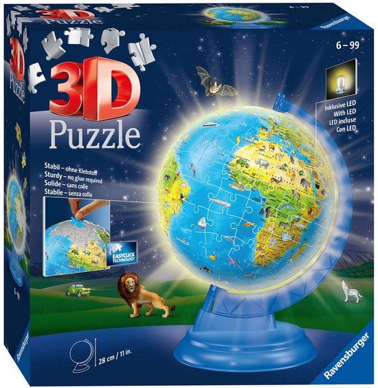 Ravensburger XXL Kinder globe Night Edition Engelstalig - 3D Puzzel - 180 stukjes