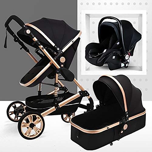 TXTC 3 in 1 wandelwagen opvouwbare luxe kinderwagen anti-schok veren hoge weergave kinderwagen met babymand (gouden buis-zwart)