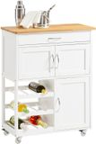 SoBuy Keukentrolley met Lades en Wijnrek, Keukenmeubel op Wieltjes met Werkblad, Compact Kookeiland, Wit, 67x86x38 cm - FKW45-WN