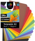OfficeTree Knutselpapier A3 - 12 Kleuren incl. Goud en Zilver - 130 g/m² - Gekleurd Papier voor DIY en Scrapbooking - Geschikt voor Printer - 54 Vellen