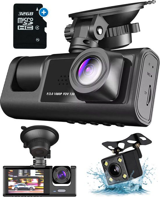 Fleau Tech Dashcam Voor Auto 3 in 1 - 2025 Model - Full HD - 170° Groothoeklens - Loop Recording - Micro SD-kaart 32 GB