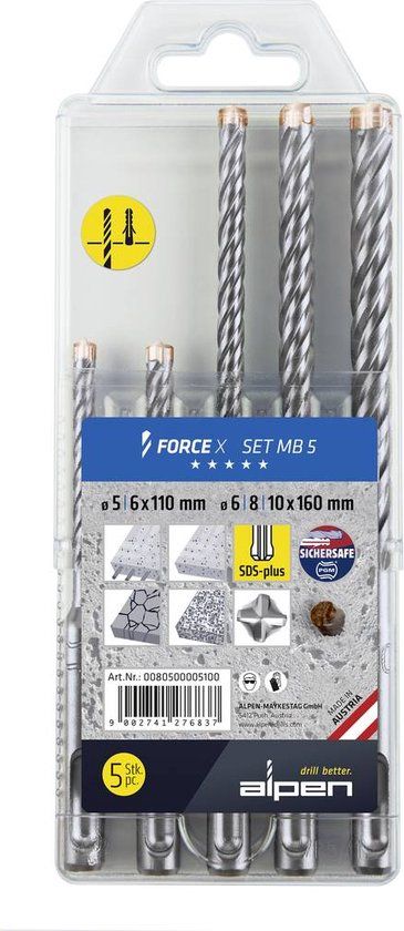 Alpen DS+ FORCE X MB 5-delige Beton-spiraalboren set - 5/6/8/10 mm