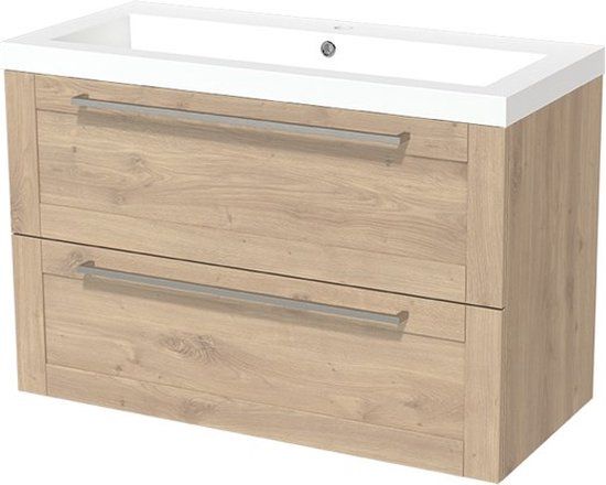 Maxaro Badkamermeubel 100cm Modulo Lichtbruin Eiken 2 lades Kader Wastafel Mineraalmarmer