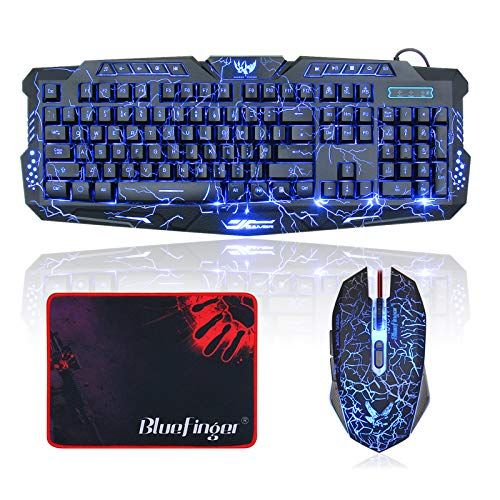 BlueFinger Gaming Keyboard and Mouse Combo - USB Wired - Backlit - Letters Light Up - for Gaming and Work