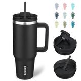 BJPKPK 1200 ml beker met handvat, geïsoleerde bekers met deksel en stro, roestvrijstalen thermische beker, zwart
