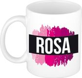 Bellatio Decorations Rosa naam cadeau koffie mok - beker - met roze verfstrepen - Cadeau collega - moederdag - verjaardag - juf - coach - 300 ml - wit