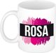 Bellatio Decorations Rosa naam cadeau koffie mok - beker - met roze verfstrepen - Cadeau collega - moederdag - verjaardag - juf - coach - 300 ml - wit