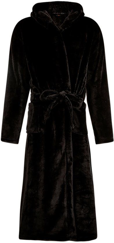 Badrock Flanel fleece badjas - zwart - capuchon maat XL/XXL