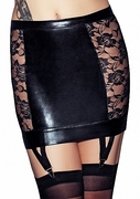 7 Heaven LORENA Wetlook and Lace Garter Skirt - Black S