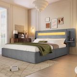 STILVORA Gestoffeerd Bed 140x200 cm – Hydraulische Opbergruimte Met LED-Verlichting & USB-Aansluiting – Nachtkastje – Zonder Matras – Grijs