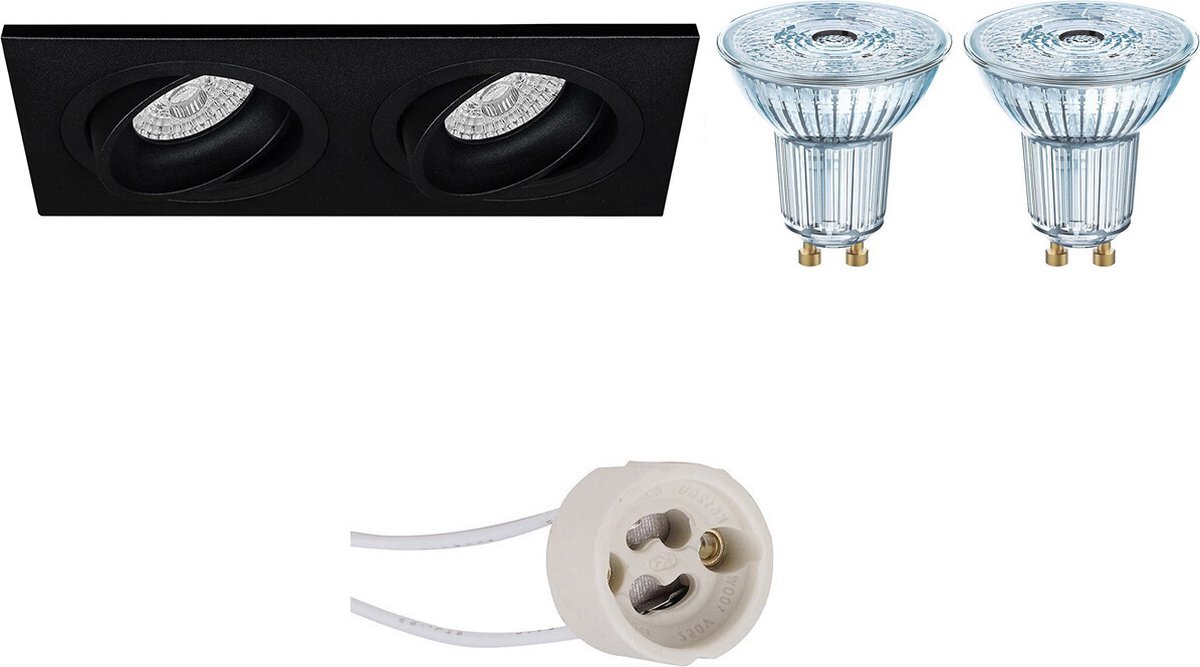 Qualu LED Spot Set - OSRAM Parathom PAR16 940 36D - Proma Borny Pro - GU10 Fitting - Dimbaar - Inbouw Rechthoek Dubbel - Mat Zwart - 5.5W - Natuurlijk Wit 4000K - Kantelbaar - 175x92mm