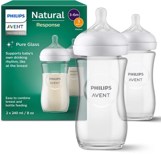 Philips Avent Natural Response Glazen Babyflessen 240 ml – Flow 3- 2 flessen - SCY933/02