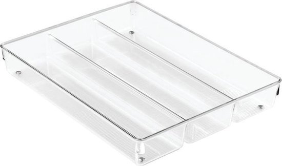 IDesign Ladeorganizer met 3 vakken, grote kunststof keukenlade insert, praktische ladeorganizer voor keukenaccessoires, gebruiksvoorwerpen en bestek, helder