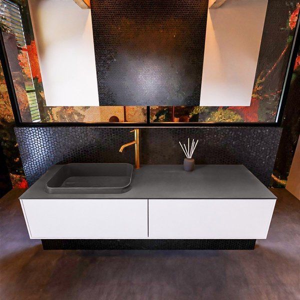 Mondiaz ERIN 150cm badmeubelset onderkast Talc met 2 lades + Wastafel RIDGE links Dark grey