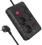 Maclean MCE393 B - Stekkerdoos met 4 stopcontacten, 3x USB, 3m kabel, 2500W, Zwart