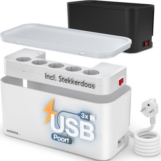Acropaq Kabelbox inclusief stekkerdoos en USB snellader - 5-voudig + 3 x USB-A, Met schakelaar, 2500 W, 2 meter kabel - Opbergbox, Kabel organiser - Wit