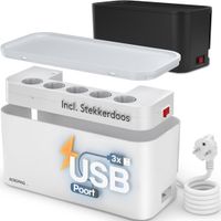 Acropaq Kabelbox inclusief stekkerdoos en USB snellader - 5-voudig + 3 x USB-A, Met schakelaar, 2500 W, 2 meter kabel - Opbergbox, Kabel organiser - Wit