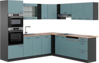 Vicco R-Line corner kitchen, Bleu-gris/Anthracite, 247 x 237 cm, WB Oak