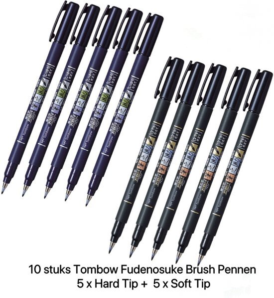 - 10 stuks Tombow Fudenosuke Brushpennen verpakt in een Zipperbag + 1 x A5 Tekenblok 120 g/mÂ