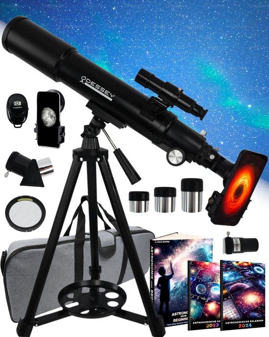 ODESSEY Refractor Telescoop - 250x Zoom - 70mm Lensdiameter - 500mm Brandpuntsafstand - Azimutaal Statief - Inclusief Smartphone Adapter en 4 Oculairs