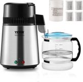 Vevor Waterdestilleerder Distilleerder, 4 liter Gezuiverd Waterzuiveringsfilter, 750 W Gedistilleerde Watermaker, met Roestvrijstalen Interieur Distilleerder voor Water, Zilver Huishoudelijk 1 liter Water per uur