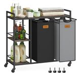 VASAGLE Wasmand met 2 Compartimenten, 100 L, Wielen, Waswagen met Planken