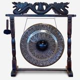 Ancient Wisdom Healing Gong in Standaard - Zwart & Zilver Patroon - 80cm - Metaal & Hout - Meditatie & Yoga Gong - Handgemaakt Bali