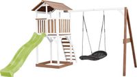 AXI Beach Tower Speeltoestel in Bruin/Wit - Speeltoren met Roxy Nestschommel, Limoen Groene Glijbaan en Zandbak - FSC hout - Speelhuis op palen voor de tuin