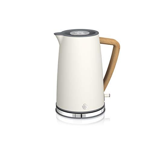 Swan Nordic Ultra snelle elektrische waterkoker, draadloos, modern design, 1,7 l, 2200 W, handgreep in houtlook, automatische uitschakeling, wit