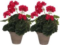 Mica Decorations Kunstplant - 2x - geranium - rood - in pot - 34 cm