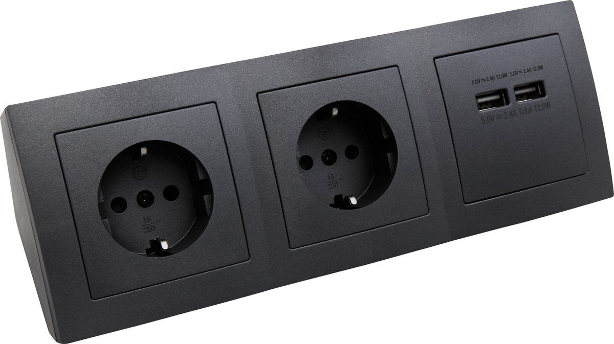 McPower Hoek stekkerdoos met USB - Bureau verdeelstekker horizontaal - Stopcontact splitter 2 voudig - Verdeeldoos met snoer 15 cm - Zwart