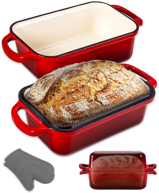 NutriChef Dutch Oven - 2.6 Gietijzeren Broodbakvorm - Geëmailleerd - Inclusief Deksel - Vaatwasserbestendig - Siliconen Handschoenen - Rood