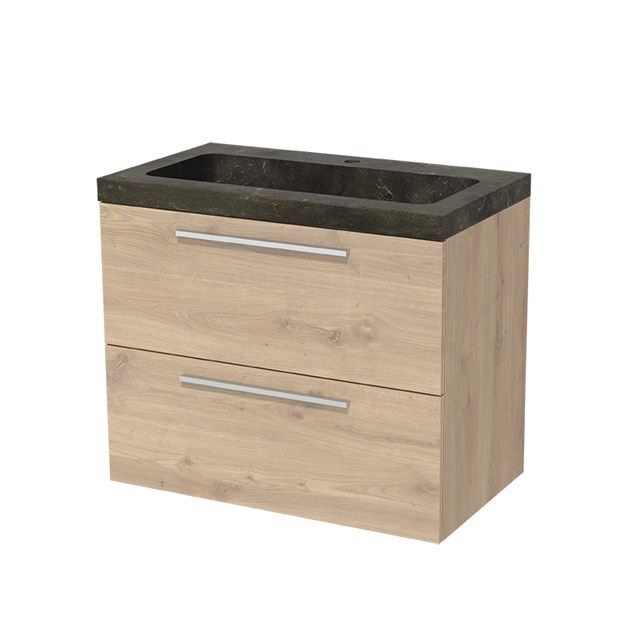 Maxaro Badkamermeubel 80cm Modulo Lichtbruin Eiken 2 lades Vlak Wastafel Natuursteen Blue Stone