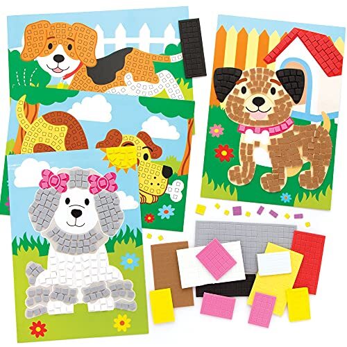 Baker Ross FE582 Honden Mozaïek sets - Set van 4, Mozaïektegels knutselen, Mozaïekpakketten voor Kinderen, Creatieve Activiteiten voor Kinderen